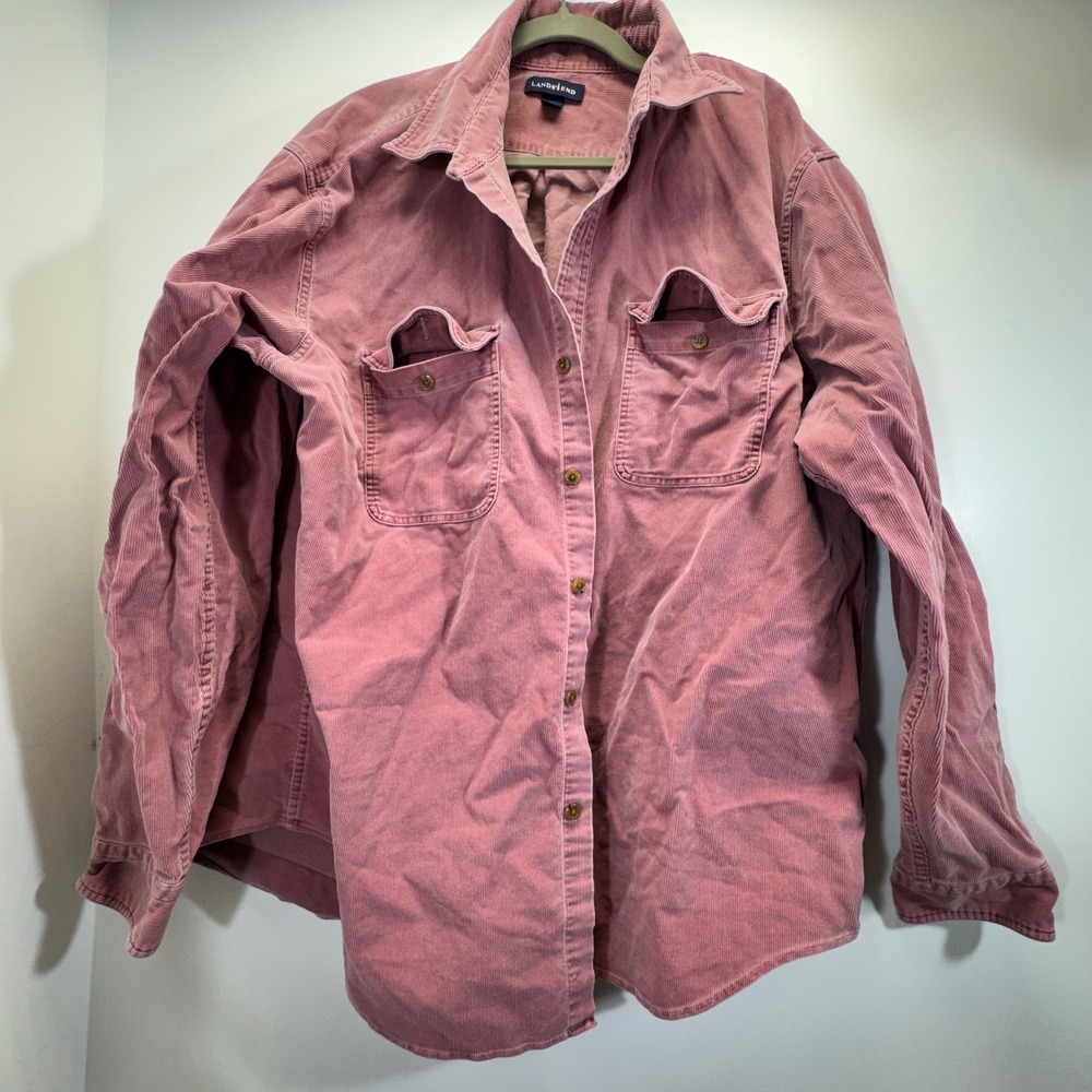 VTG Lands End Corduroy Button Up Women XL Pink Long Sleeve Oversized Gorpcore